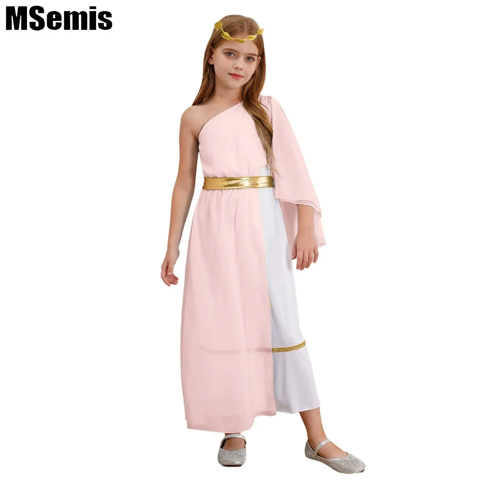 

Kids Girls Ancient Greek Dress Halloween Costume Single Shoulder Patchwork Flowy Toga Dress with Waistband And Wreath Headband