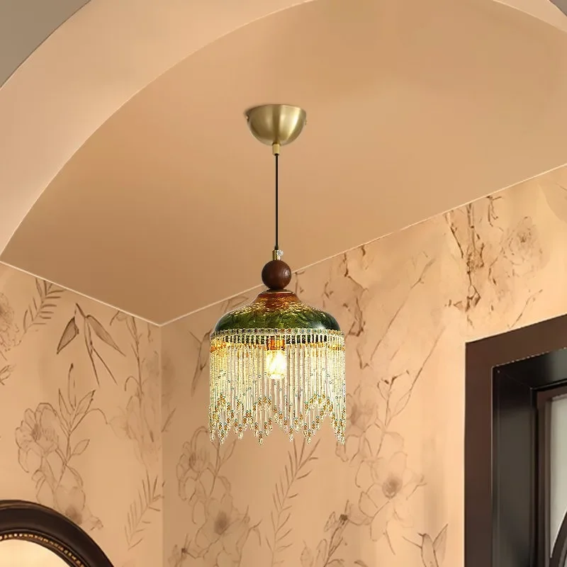 French Retro Fringed Glass Chandelier Vintage Bedroom Bedside Lamp Antique Entrance Aisle Lighting Fixture Home Decor