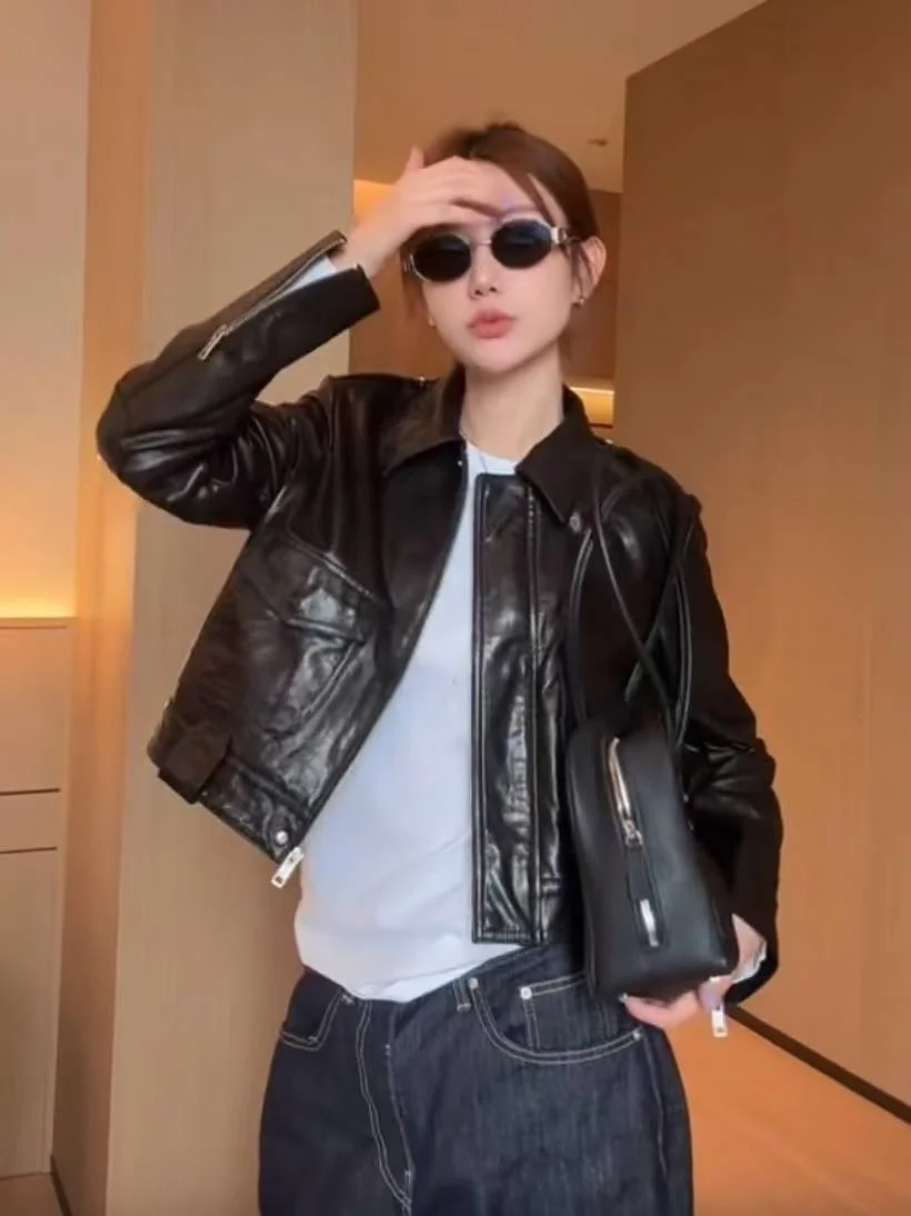 

Slim Fit ort Leather Jaet Women's Square Collar Single Button Casual eepskin Coat Sli Biker Jaet for Women