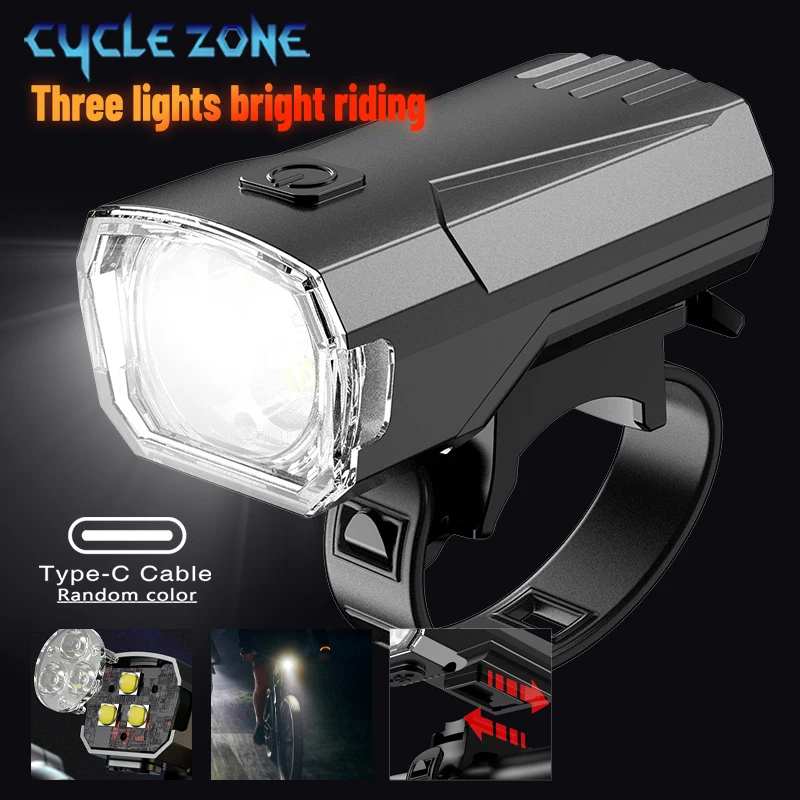 3 LED Bicycle Front Light Type-C Rechargeable Bike Flashlight Easy to Install 3 Gear Dimmable Bike Headlight Cycling Accessories