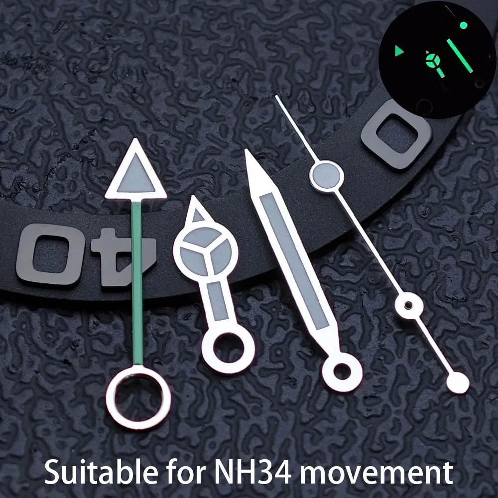 NH34 GMT 4-Point Watch Hands, Blue-Green/Green Luminous, Silver Black Options, Fit NH34 Automatic Movement Watch Mod Parts