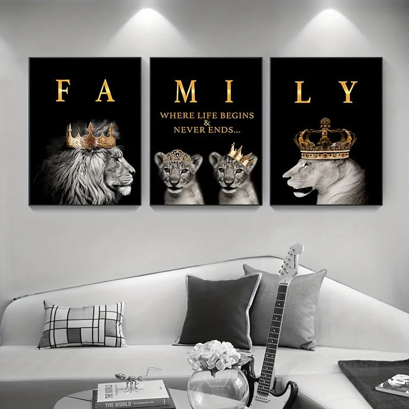 3PCS--3 Pieces Modern Abstract Lion Family Inspirational Quotes Wall Art Canvas Prints for Living Room Cuadros Decor Unframed