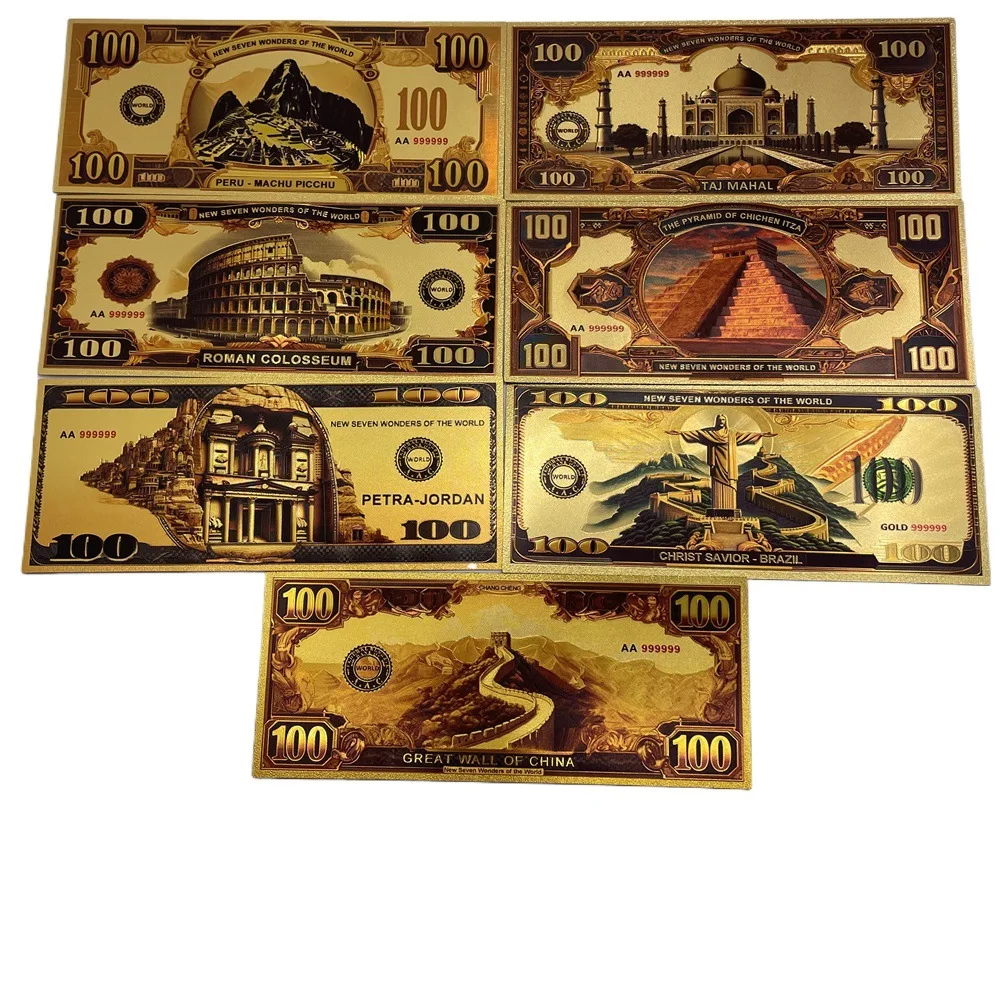 Zeven wonderen plastic goudfolie herdenkingsbadge ambachtelijke collectie herdenkingsbankbiljet