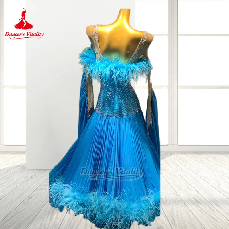 Adult Modern Dance Luxurious AB Stones Dresses Advanced Customized Women Waltz Ostrich Feather Ballroom Outfit Dancer's Vitality