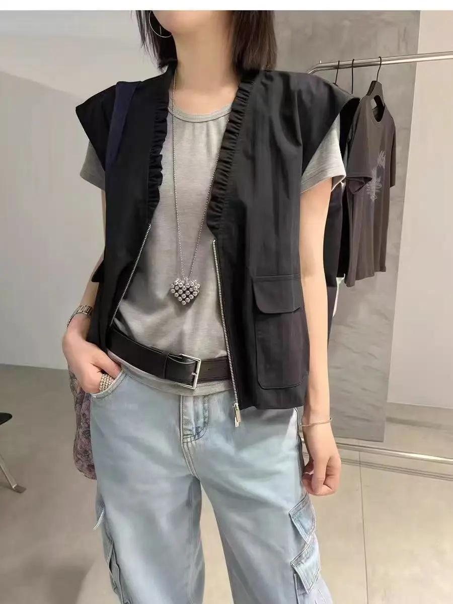 

Women's Loose V-Ne Zipper Svel Vest Tank Top with Wooden Button oulder Design Faionable Casual Commute Wear