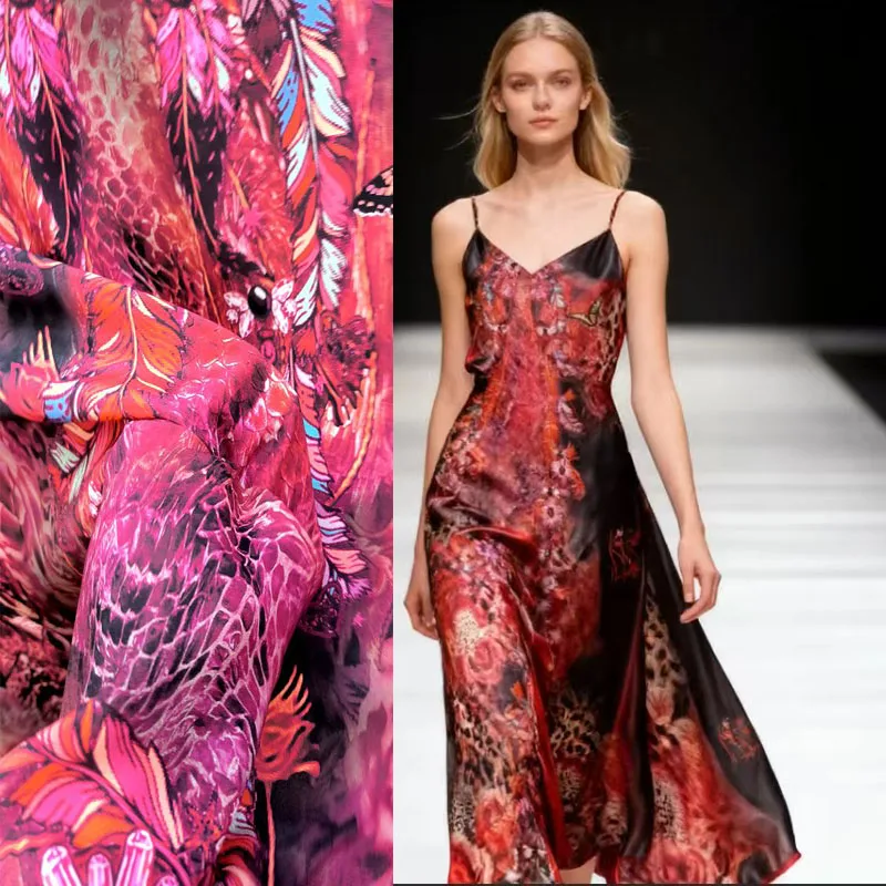 Luxury Brand Natural Crepe de Chine mulberry Silk Fabric snake pattern Pink Flower Skirt Garment Fabrics Dress Per Meter Sewing