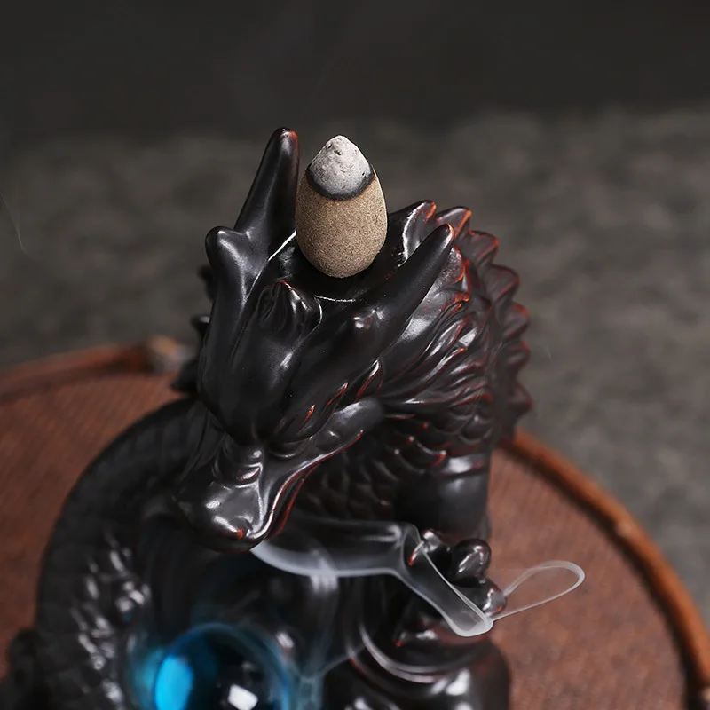 Classic Chinese Dragon Backflow Incense Burner – Large Ceramic “Dragon Playing with Pearl” Design,  Sandalwood Waterfall Smoke