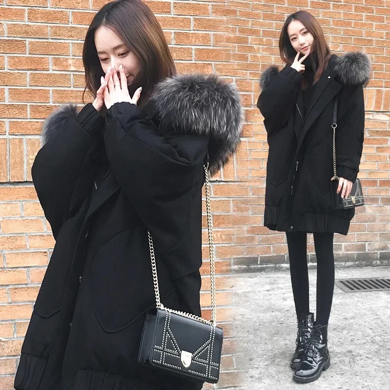 

Women Parkas Coat Hooded Jackets Button Zipper Pockets Fur Collar Long Sleeves Thick Loose Office Lady Casual 2025 Autumn Winter