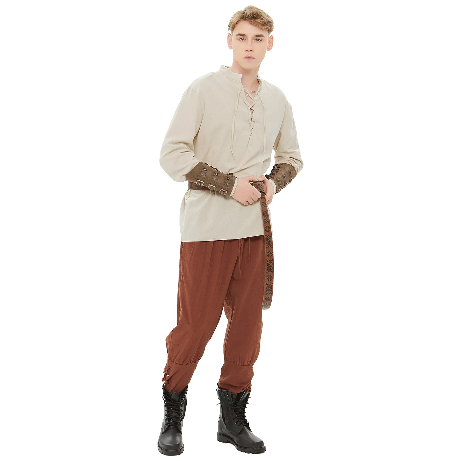 Halloween Men's Retro Renaissance Costume Medieval Pirate Shirt Outfit Hand Bracers Pant Viking Belt Set Halloween Party Cosplay