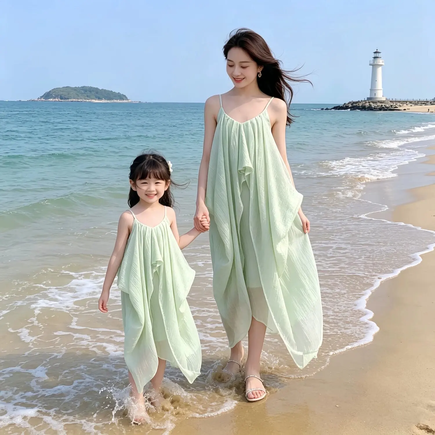 

2026 Summer Boho Mom & Me Matching Outfits Light Green V-Neck Backless Maxi Dress for Beach Vacation Photoshoot