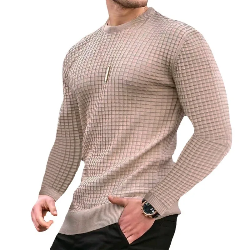 2024 Spring Foreign Trade Small Checkered Men's Trendy Round Neck Pullover Trendy Loose Knitted Long Sleeved Top for Men