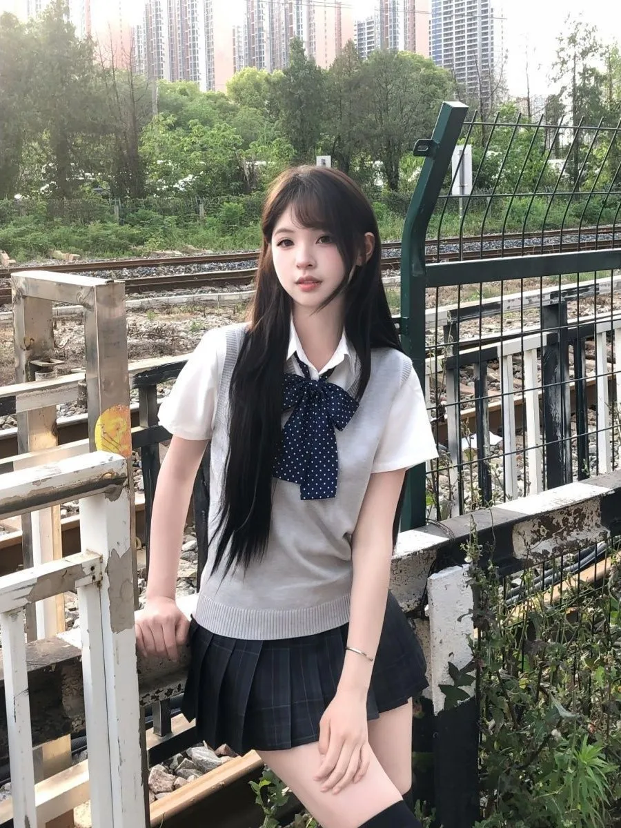 Summer Knitted V-Neck Top Women's School Style Waist-Cinched JK Vest Thin Carbon Grey JK Skirt Japanese Style Set Casual Wear