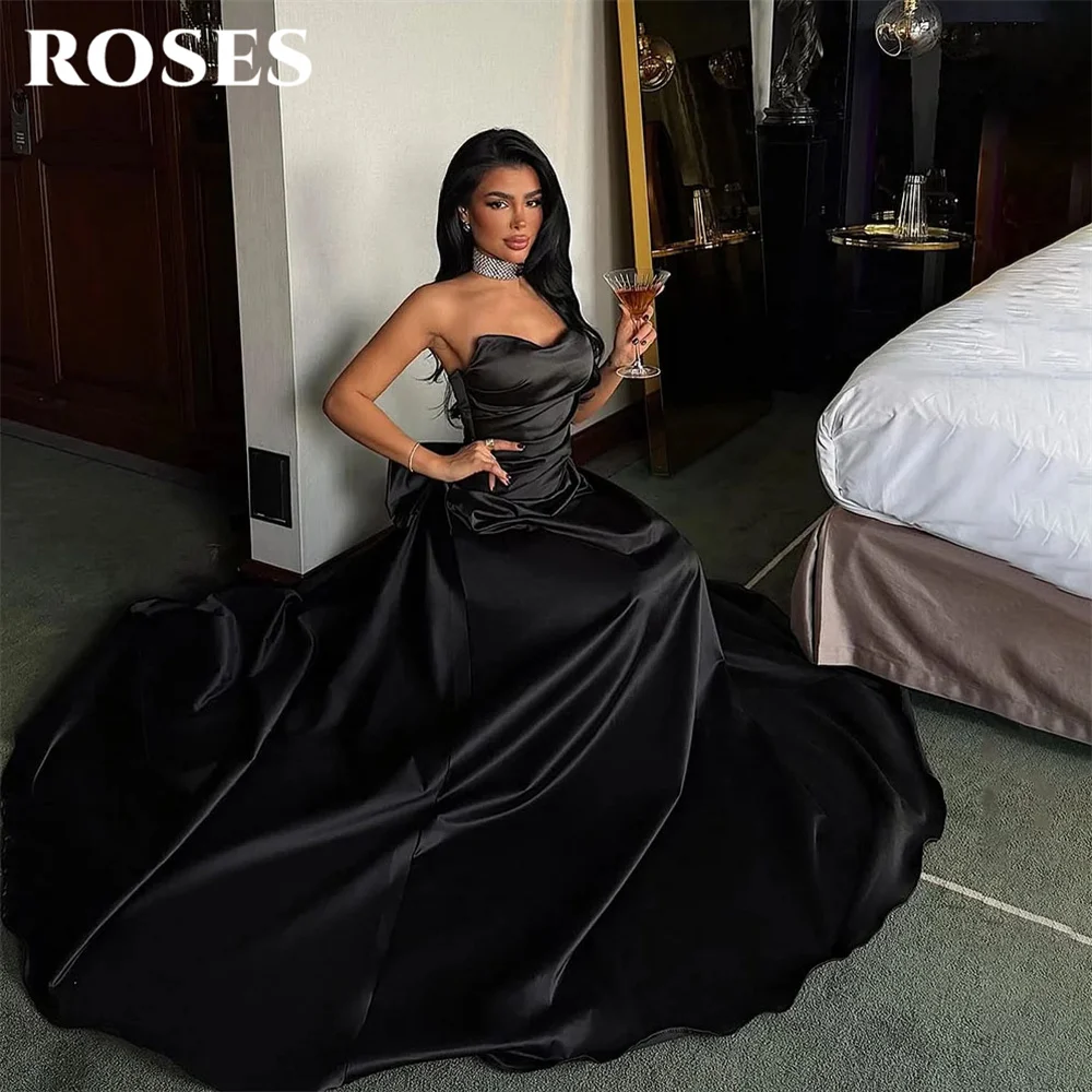 

ROSES Black Party Dress with Back Bow Evening Dress Sweetheart Elegant Formal Gown A Line Sleeveless Satin Prom Gown Customized