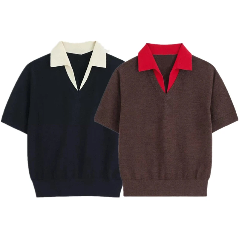 Maxdutti Minimalist Collar Wool Layered Polo T-shirt Top Women's Sweater Knitwear Woman Clothing Autumn Product Knitted Sweater