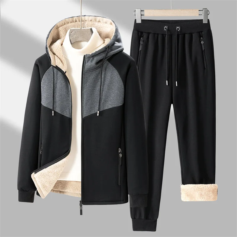 

2024 Winter New Fashionable Fleece Thickened Windproof and Cold Proof Warm Men's Set Hooded Hoodie Pants Two Piece Set