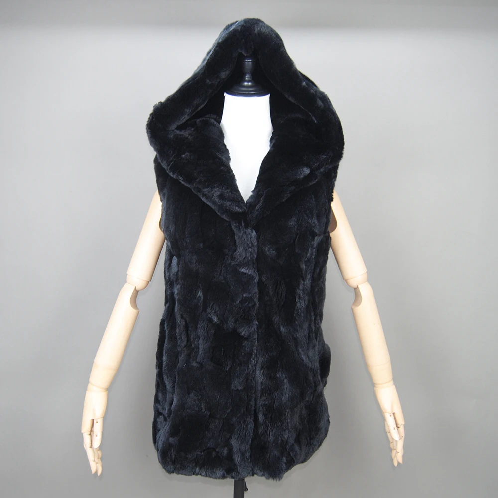 Fashion Women Hooded Fur Coat Beige Rex Rabbit Fur Vest Sleeveless with Hood Winter Rex Rabbit Fur Waistcoat 100% Real Fur Vest