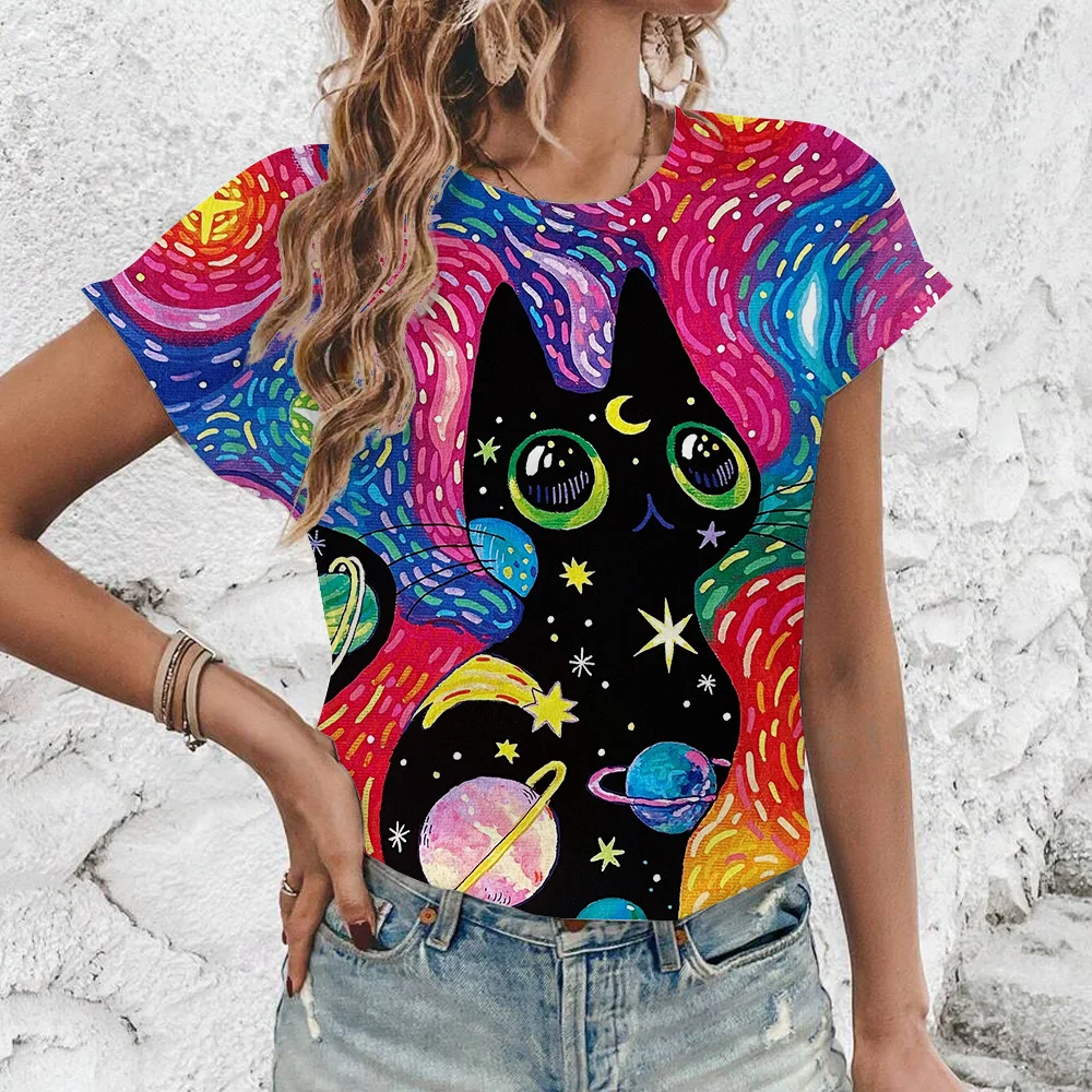 Summer Oil Painting Cat 3D Print T-shirts Women Streetwear Casual Fashion Y2k Short Sleeve T Shirt O-neck Tees Tops Clothing