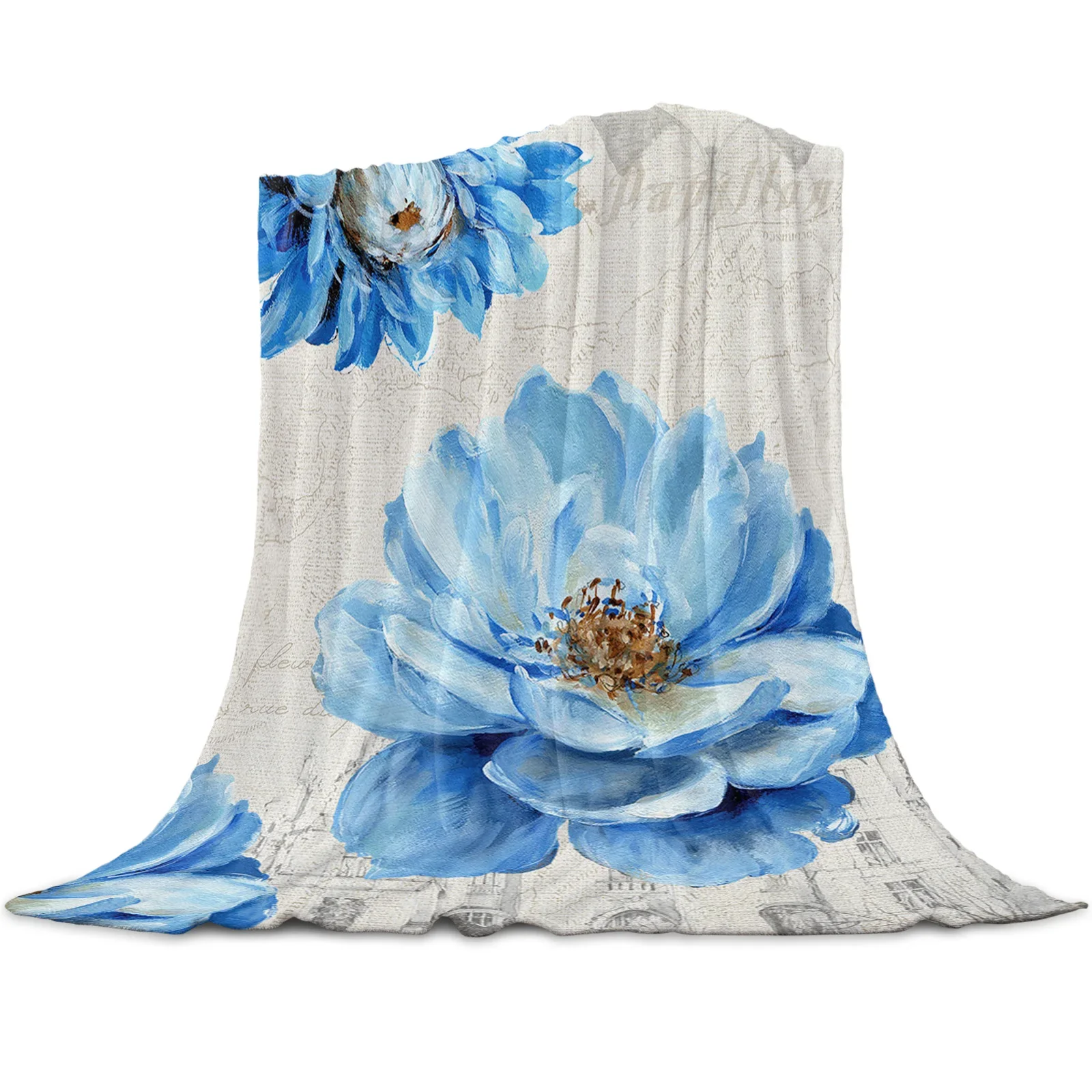 Blue Flower Watercolor Painting Throw Blanket Portable Soft Sofa Blanket Warm Flannel Blanket for Beds Sofa Couch King Full Size