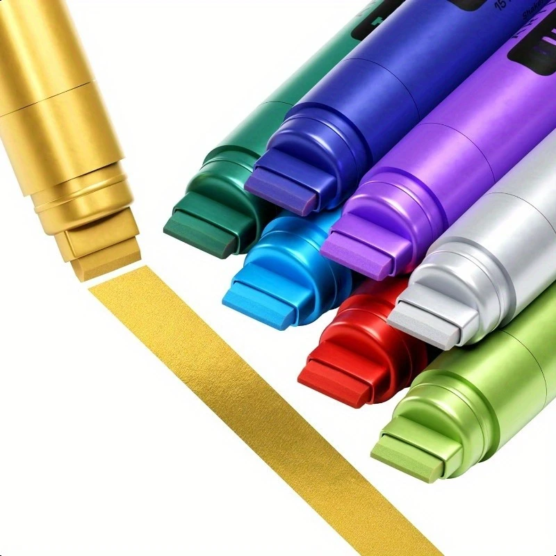 Marcador Metálico de Punta Cincelada de 15 mm de Ancho para Pizarra LED, Rotulador Fluorescente, Resaltador Dorado y Plateado