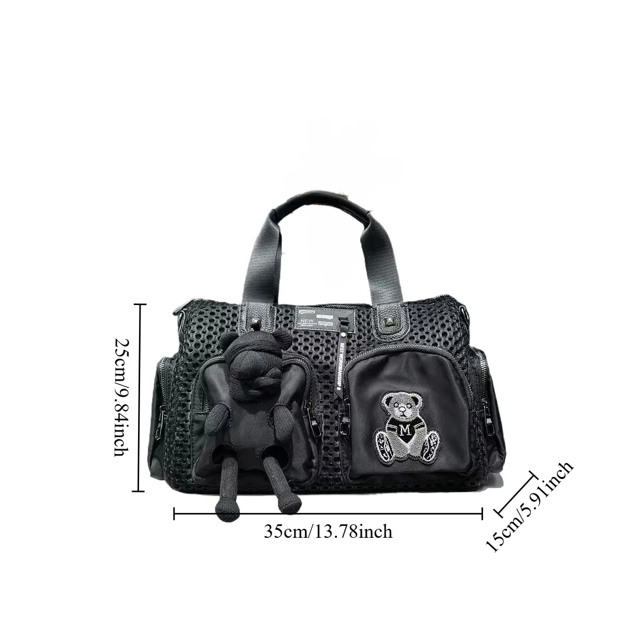 Fashionable Mesh Patchwork Casual Women's Handbag with Multiple Pockets, Teddy Bear Doll Shoulder Crossbody Bag