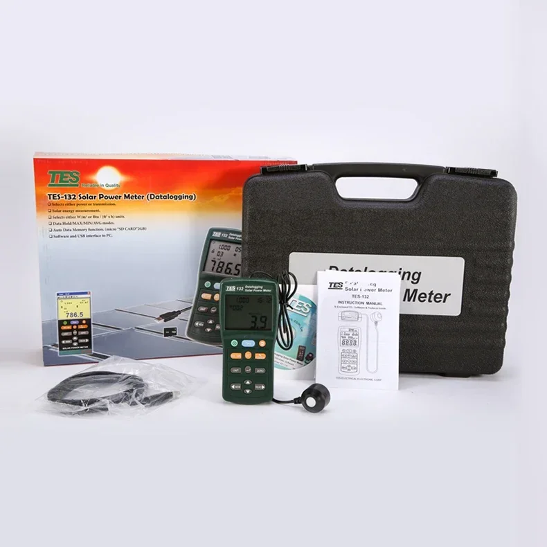 2025 Hot Sell TES-132 Handheld Solar Power Meter Tester 400-1Knm Range 2000W/m2 & 634Btu/(ft2h) Data Logger SD Card