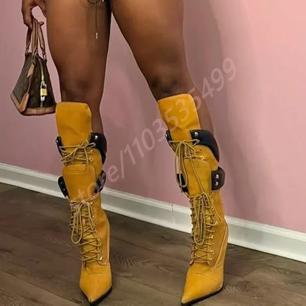 2025 Sexy Catwalk Ladies Stiletto Boots New Mixed Color Cross Straps Party High Heels Street Fashion Casual Ins Style Calf Boots