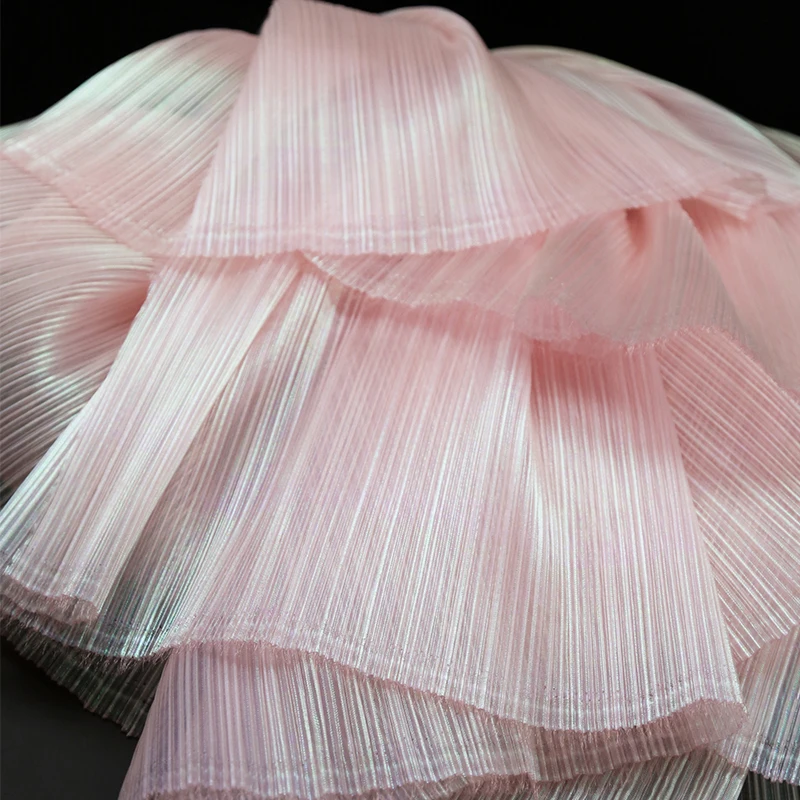 Tessuto plissettato Organza al metro per abbigliamento Gonne Matrimonio Decorativo Fai da te Cucito Texture Piega Panno di design Sottile Morbido Rosa