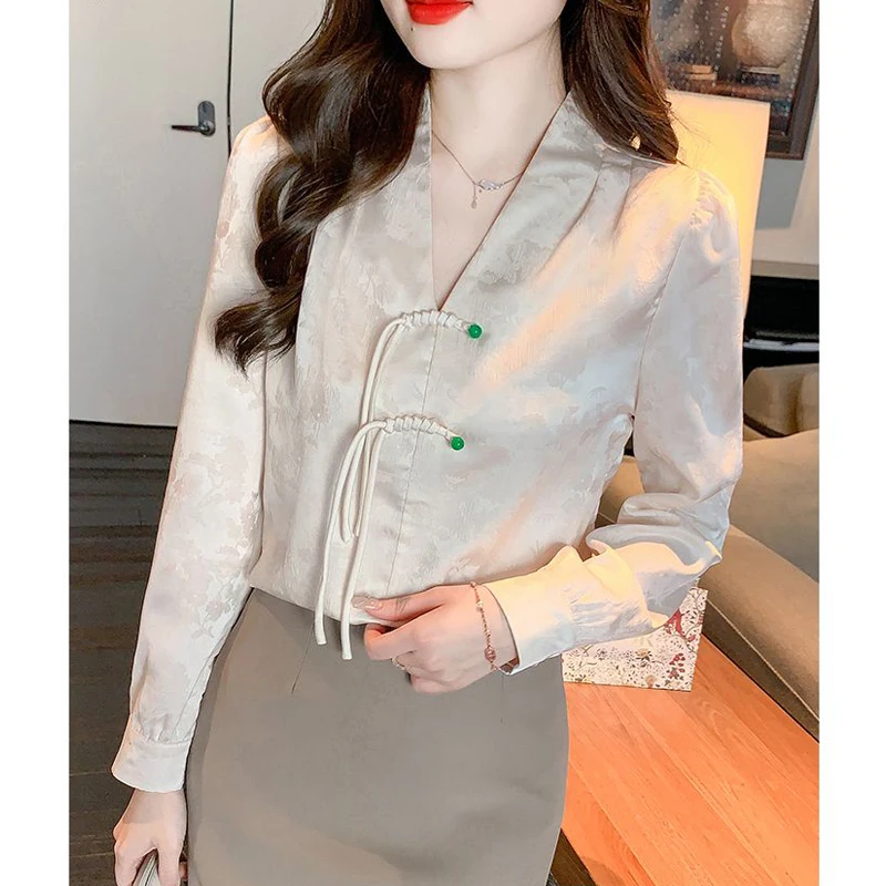 2024 Spring Autumn Women Chinese Style Vintage Satin Blouse Elegant Chic V Neck Slim Shirt Female Casual Solid Long Sleeve Tops