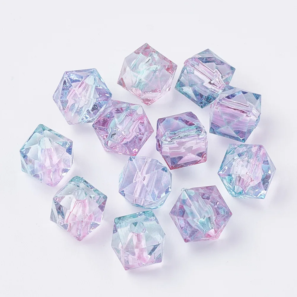 100Pcs Acrylic Beads Geometry Polygon Two Tone Transparent Spray Painted Loose Beads for DIY Jewelry Making Suppies