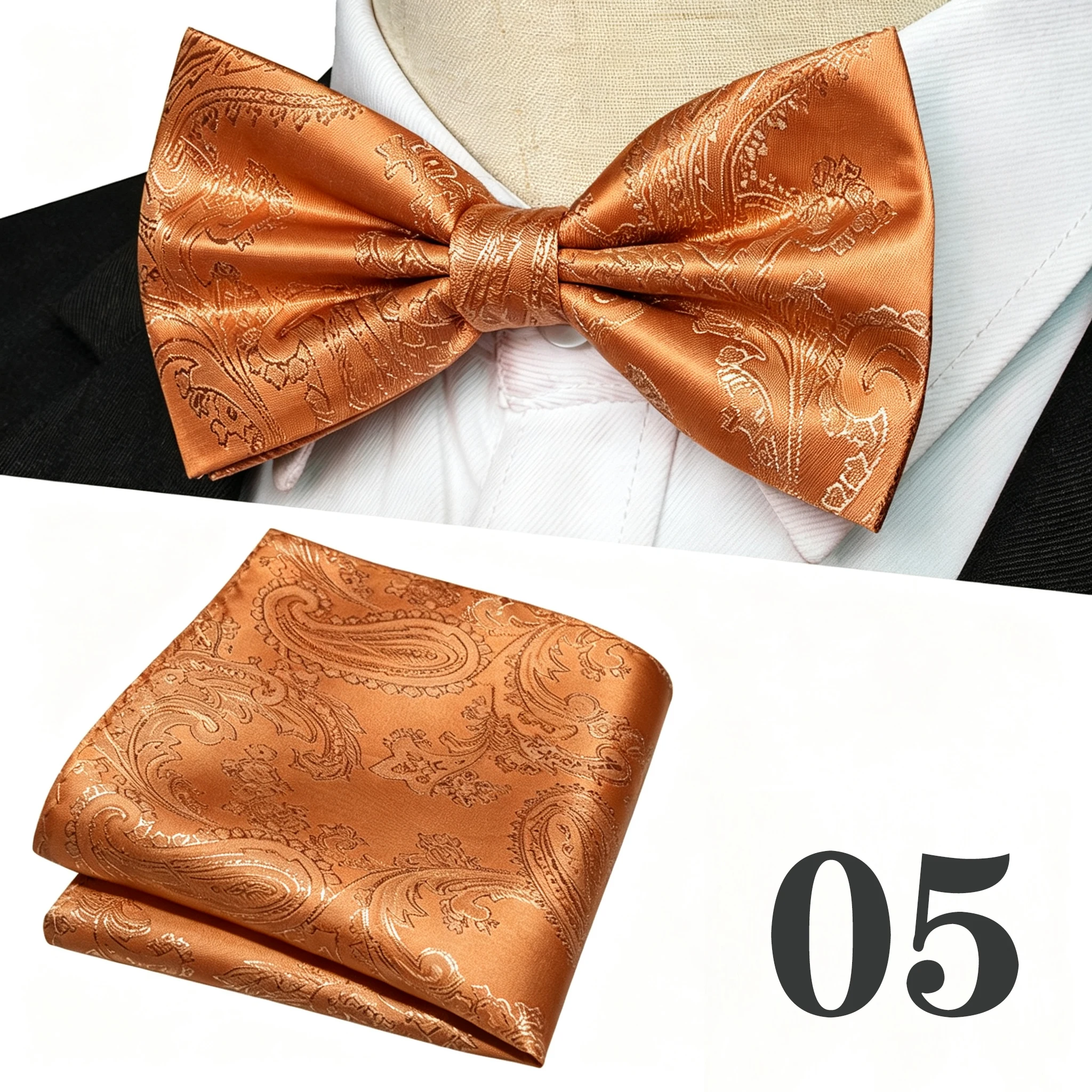 Luxuriöses Paisley-Muster Seidenfliege und passendes Einstecktuch-Set für Herren – Elegantes formelles Accessoire für Hochzeiten und Galas – Detail 12