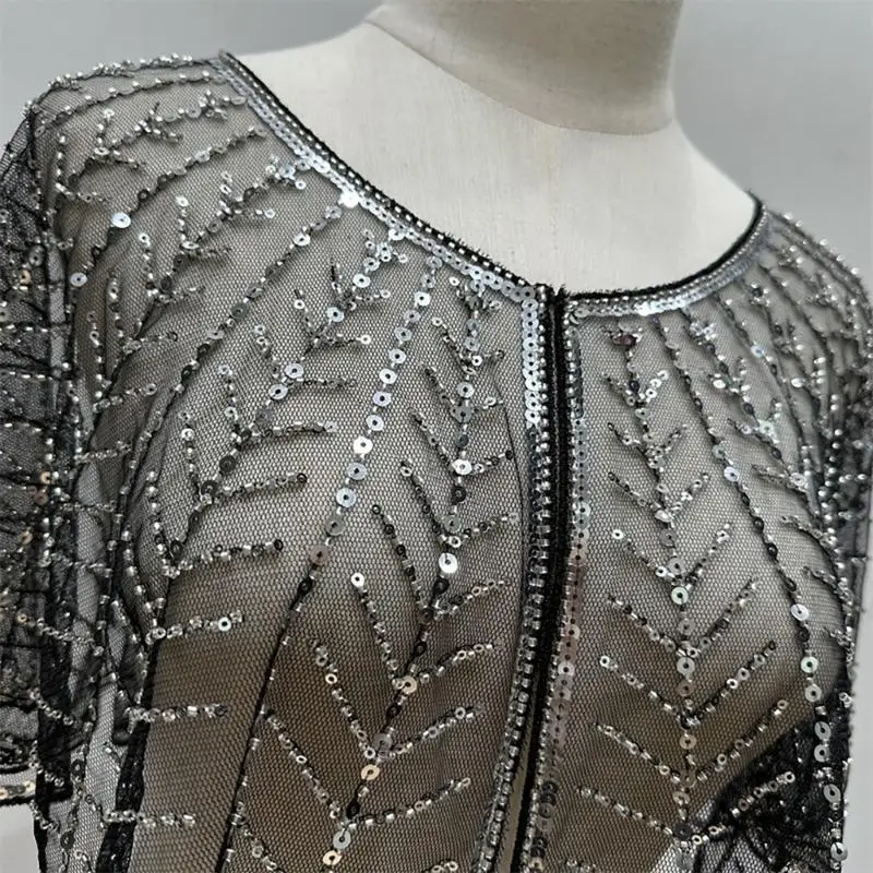 652F Sequins Embroidery Lace Capes Wedding Wrap Tippet Breathable Mesh Short Shawl