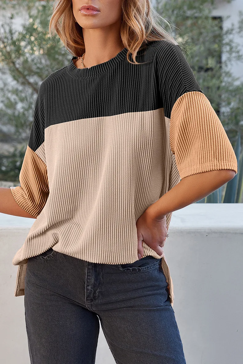 

2025 Summer New Style Pullover Ribbed Tops For Women European And American Loose Casual Color Matching Short-sleeve T-shirts