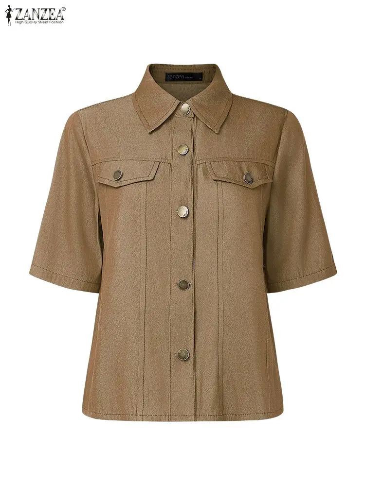 ZANZEA Women Shirts Fashion Short Sleeve Casual Solid Blouse 2025 Summer Lapel Buttons Elegant Office Lady Blusas Streetwear Top