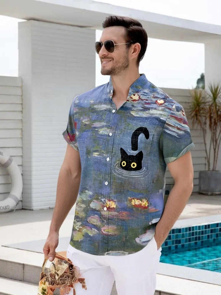 

Fashion Tops 2025 Bohemian Oil Painting the Black Cat In The Lotus Pond Vintage Print Casual Shirt Short Sleeve Thin Blouses