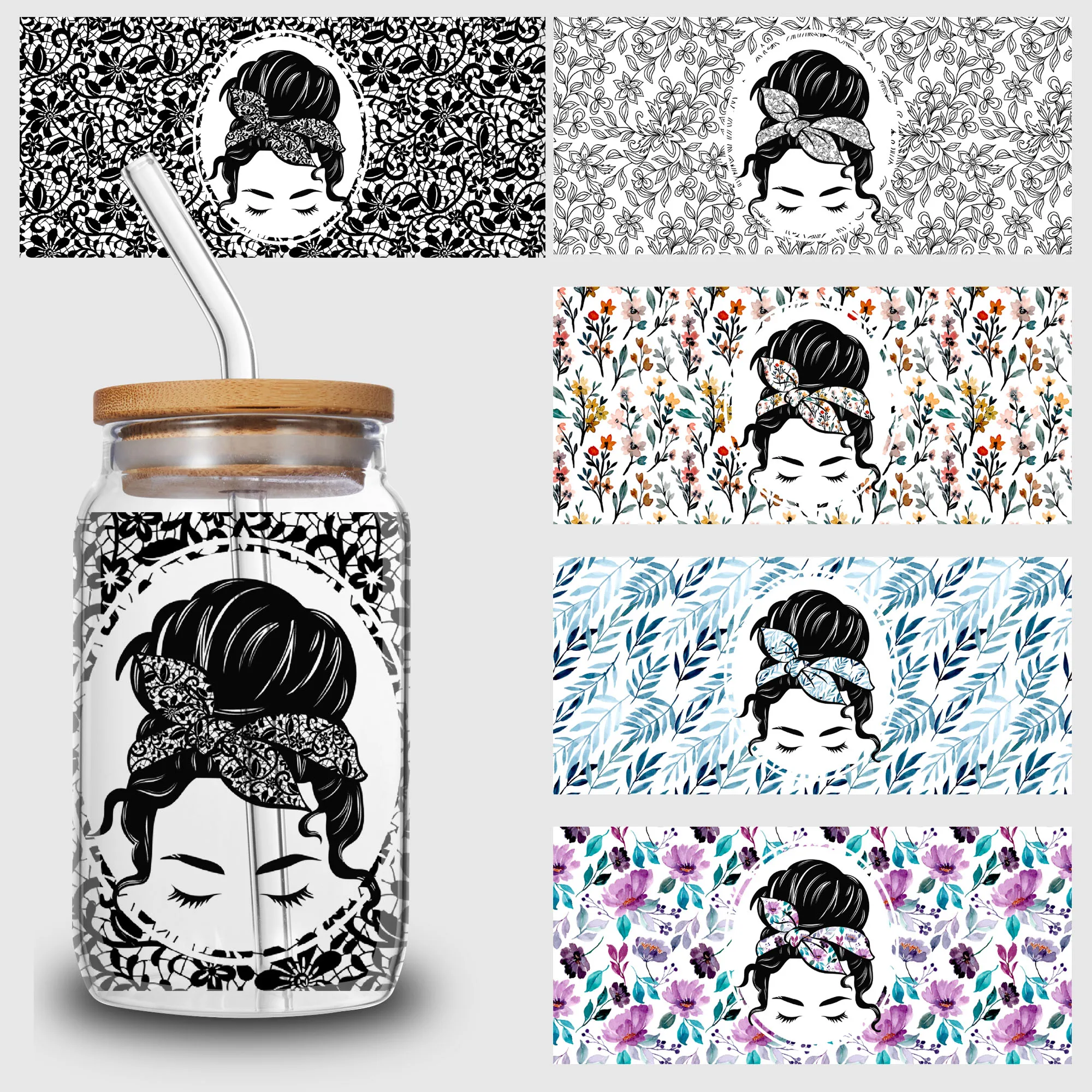 5 sheets blossom lady  UV DTF cup stickers, glass sports DTF transfer stickers, waterproof flower rub transfer sheets