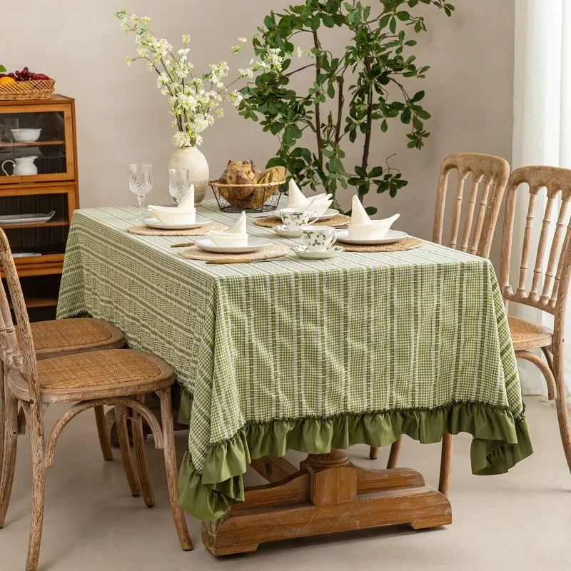 French Stripe Tablecloth Resistant Dust-Proof Table Cover for Kitchen Dinning Tables Decoration Green Outdoor Party Table Towel