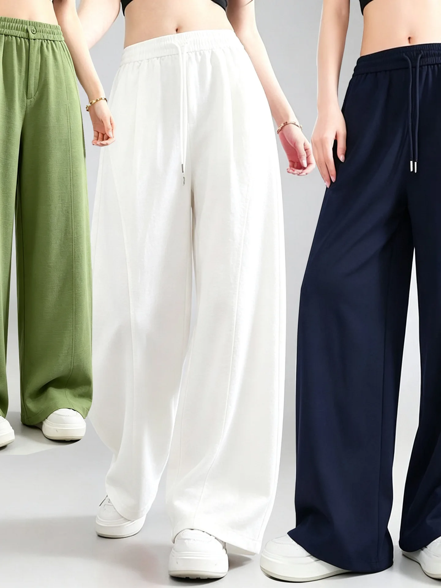 new-women's-cotton-wide-leg-pants-summer-thin-loose-drapey-slimming-drawstring-casual-straight-sporty-trousers