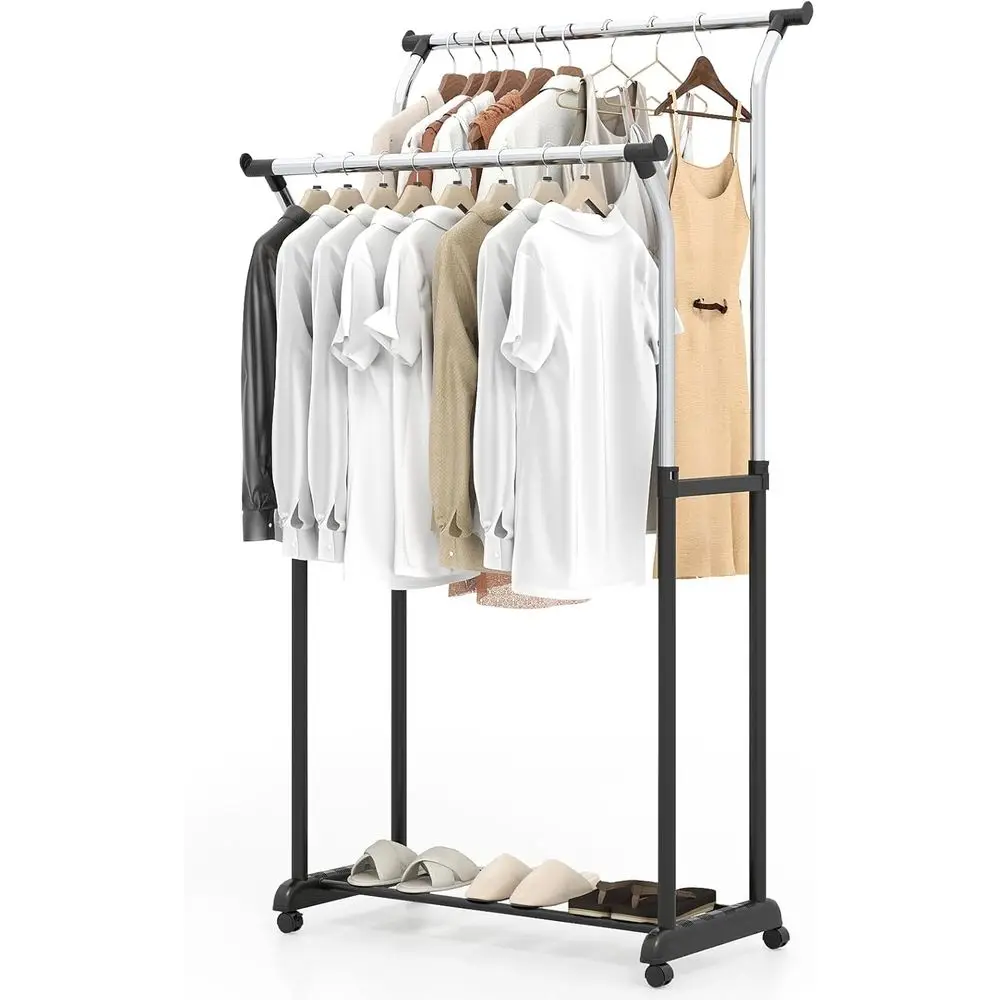 

Регулируемая металлическая вешалка для одежды на колесиках с полками для хранения, для сушильной комнаты и жилых помещений