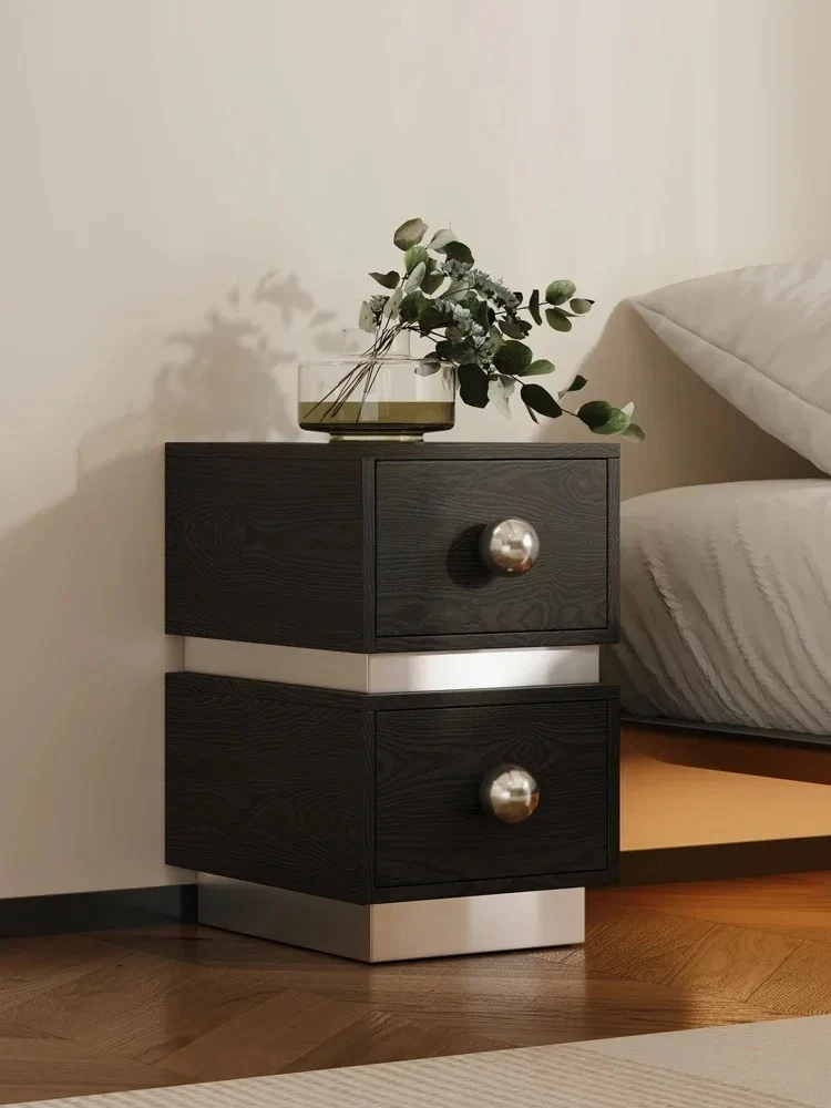 A Medieval style solid wood bedside  retro small apartment 30 wide locker, minimalist stainless steel ultra-narrow bedside table