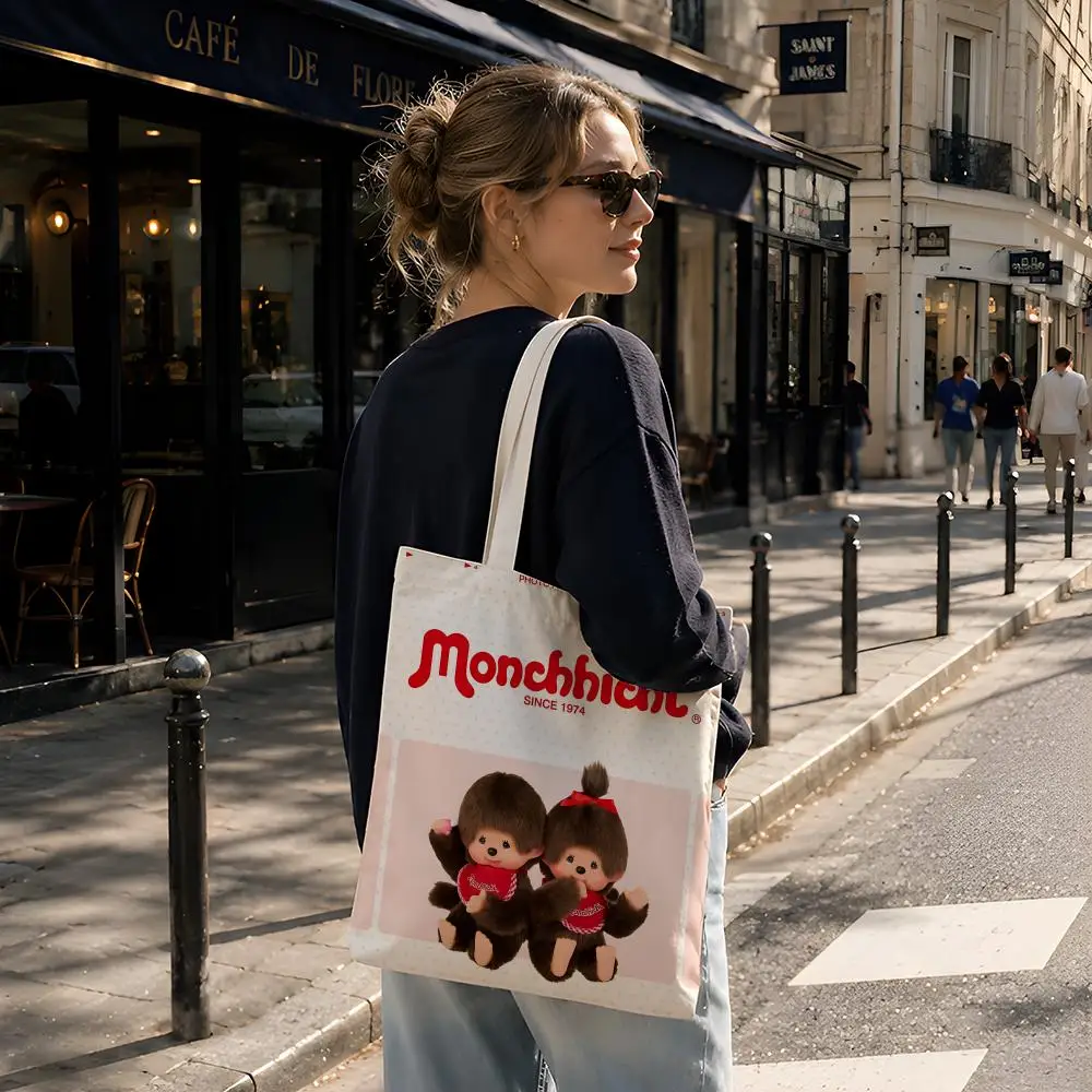 Character M-Monchhichi Storage Bags Reusable Canvas Tote Suitable for School Class Commuting Shopping as Gifts