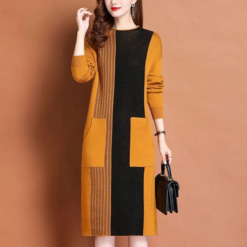 Vintage Spliced Printed Knitted Dresses Autumn Winter Casual O-Neck Women\'s Clothing Fashion Pockets All-match A-Line Midi Dress