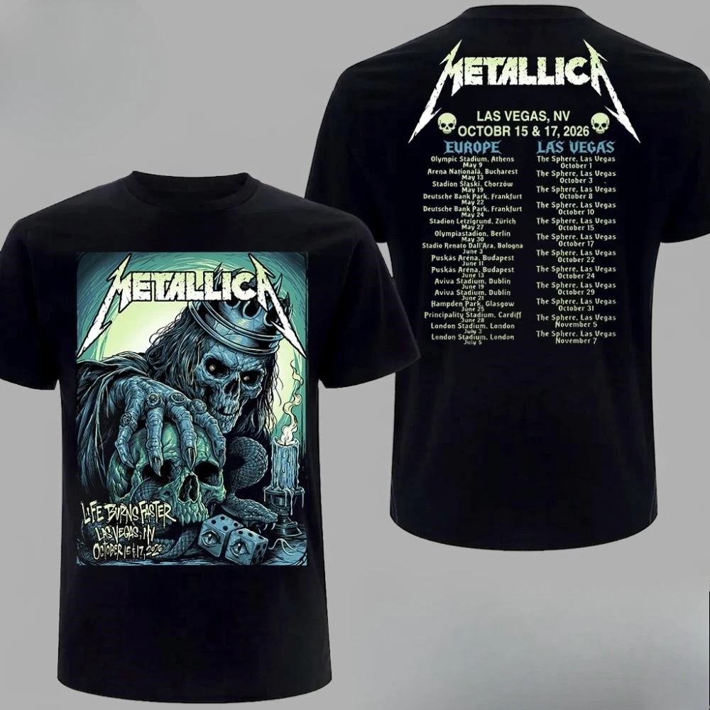 Metallica 2026 Las Vegas Tour Tshirt Life Burns Faster Skull King Double Sided Print Unisex Rock Heavy Metal Band Short Sleeve