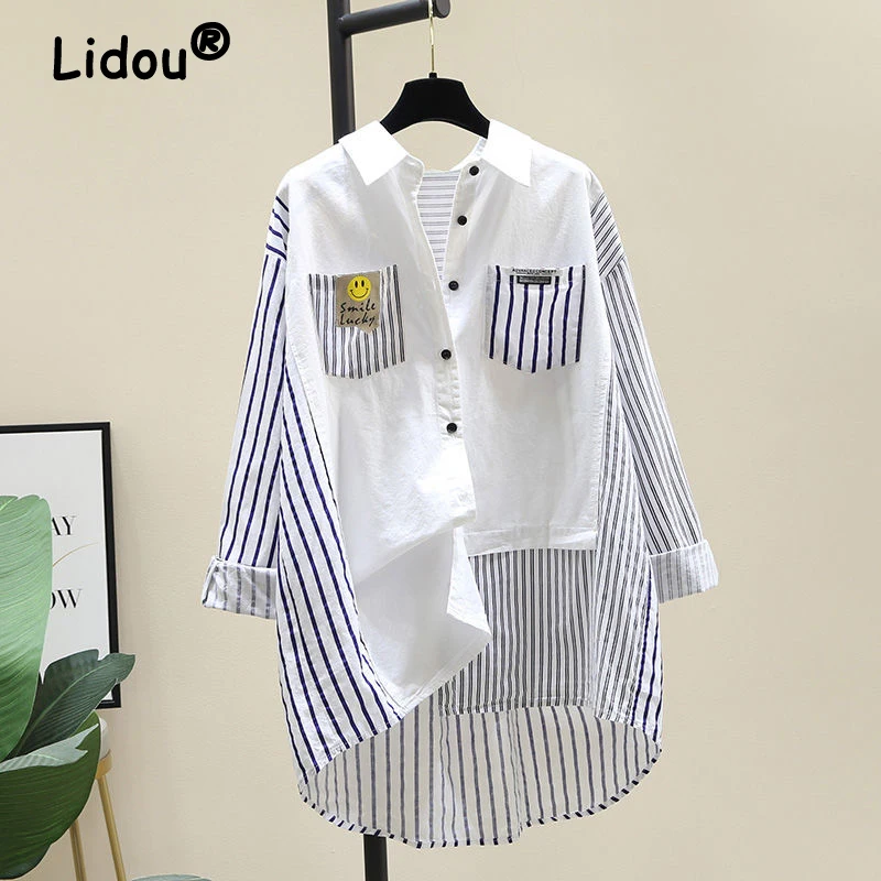 Women\'s Clothing Striped Print Patchwork Asymmetrical Oversized Streetwear Shirt Spring Autumn Trendy Long Sleeve Pockets Blouse