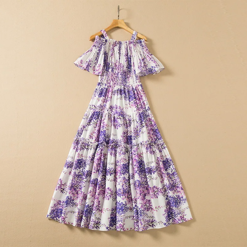 

European and American women's wear spring 2022 new Horn sleeve with a collar Wisteria floral print Fashion cotton pleated dress