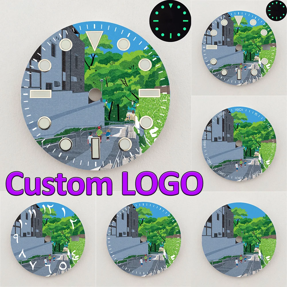 28.5mm NH35 Dial Urban Hillside Street Scenery Dial Luminous Dial NH36 Dial Watch Accessories Fits NH35/36 Movements Custom LOGO