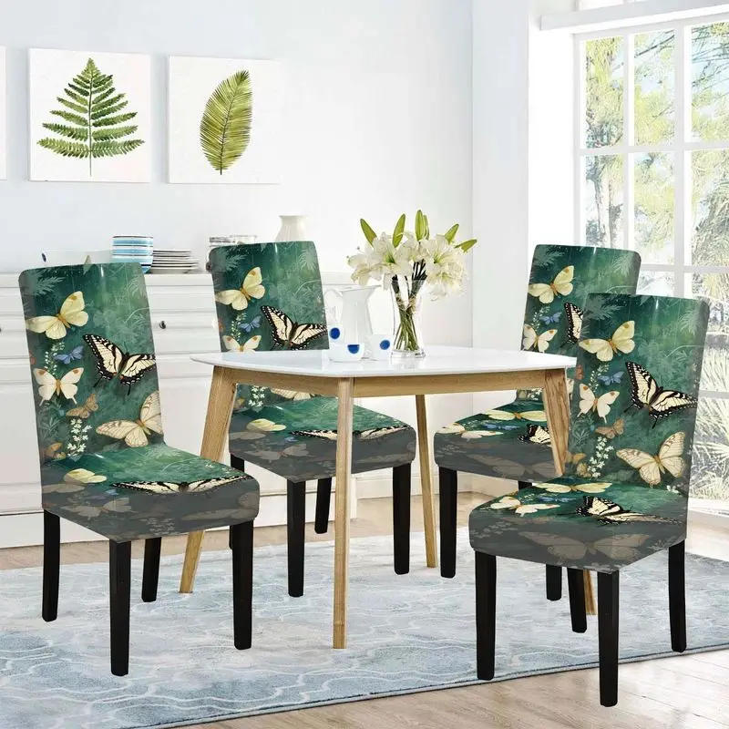

Чехол для обеденного стула с плоским принтом, красочный узор с летающими бабочками, многоразовый, можно стирать, чехол для домашнего обеденного стула.