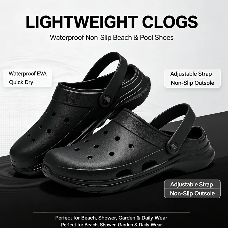 Skechers Unisex Couple Black EVA Clogs Comfort Cushion Waterproof Outdoor Beach Pool Walking Slip On Sandals 243285-BBK