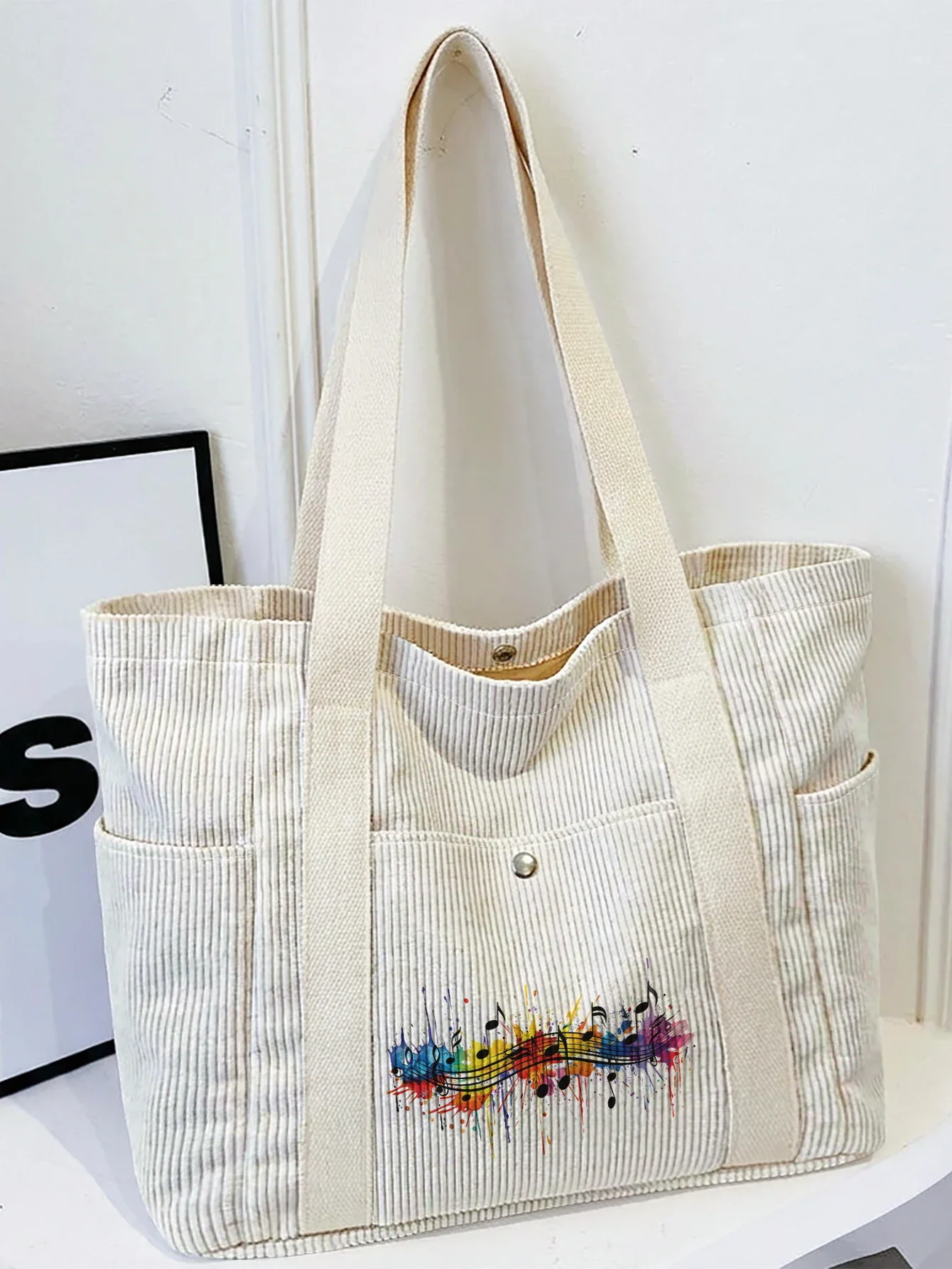 Colorful Music Note Print Tote Bag, Large Capacity Side Pockets, Snap Button, For Work Shopping Daily Use
