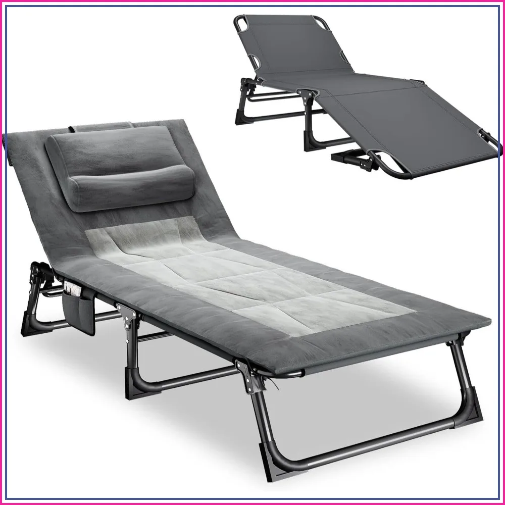 

Adjustable Folding Camping Cot for Adults, 4-Position Reclining Lounge Chair with Mattress & Pillow for Travel, Garden, Pool, Office Nap (Gray)