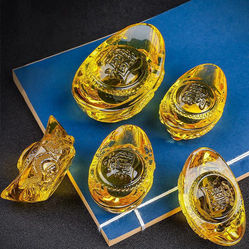 New Chinese Style Citrine Ingot Gold Crystal Glass Colored Glaze Wealth Money Feng Shui Craft Figurines Home Decor